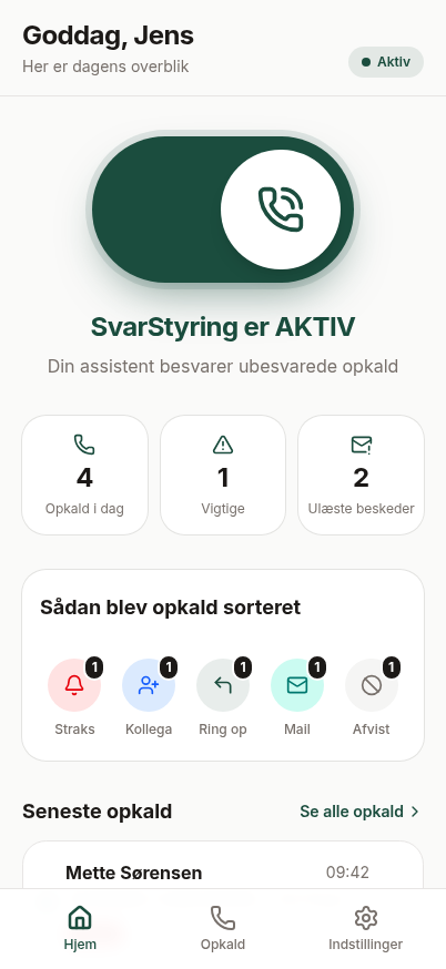 SvarStyring dashboard med aktiv telefonassistent
